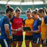 Groupe de joueurs de rugby en équipe lors d'un match