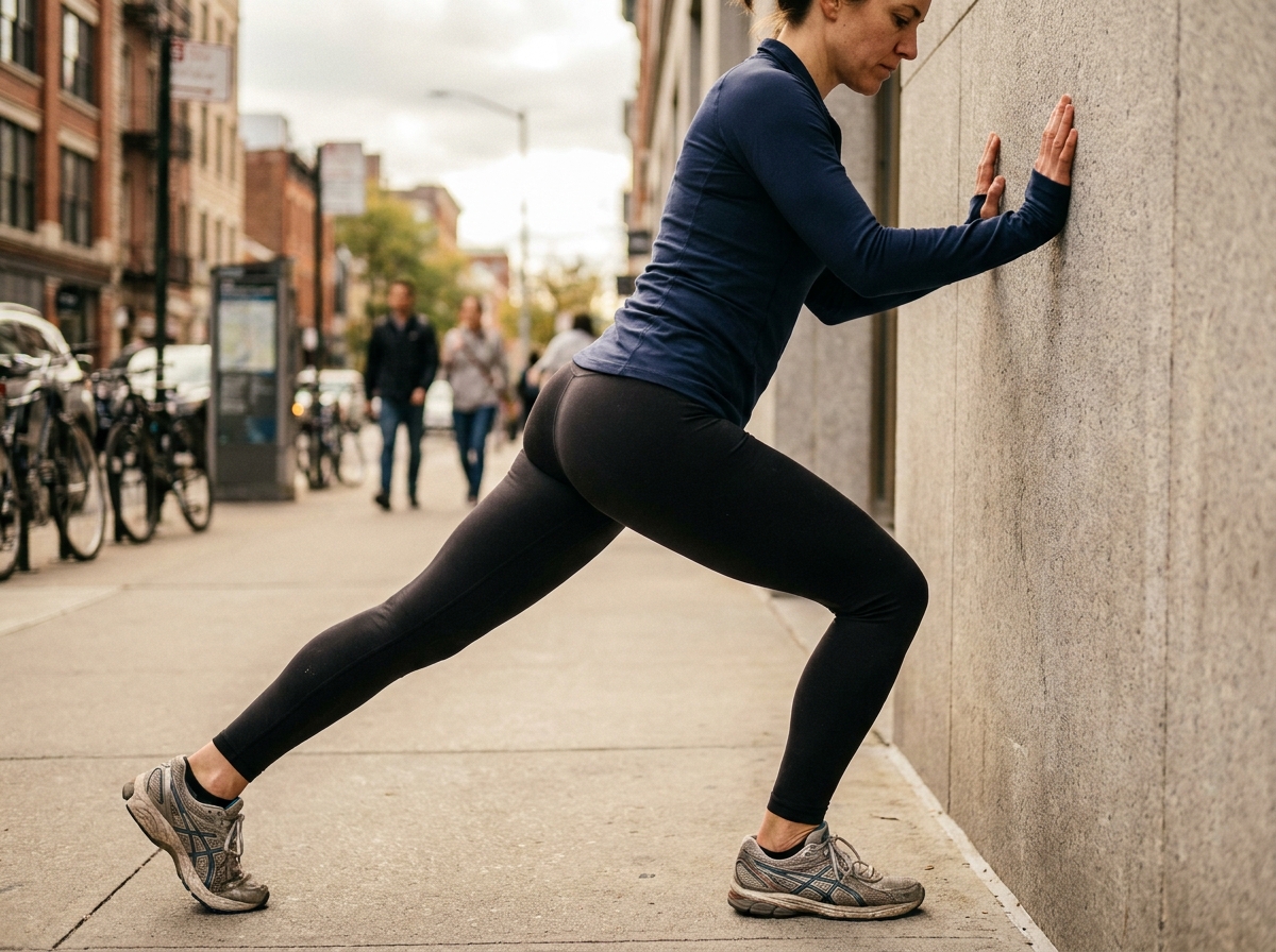 Femme effectuant un étirement du mollet contre un mur en milieu urbain dans le cadre d'une reprise sportive progressive