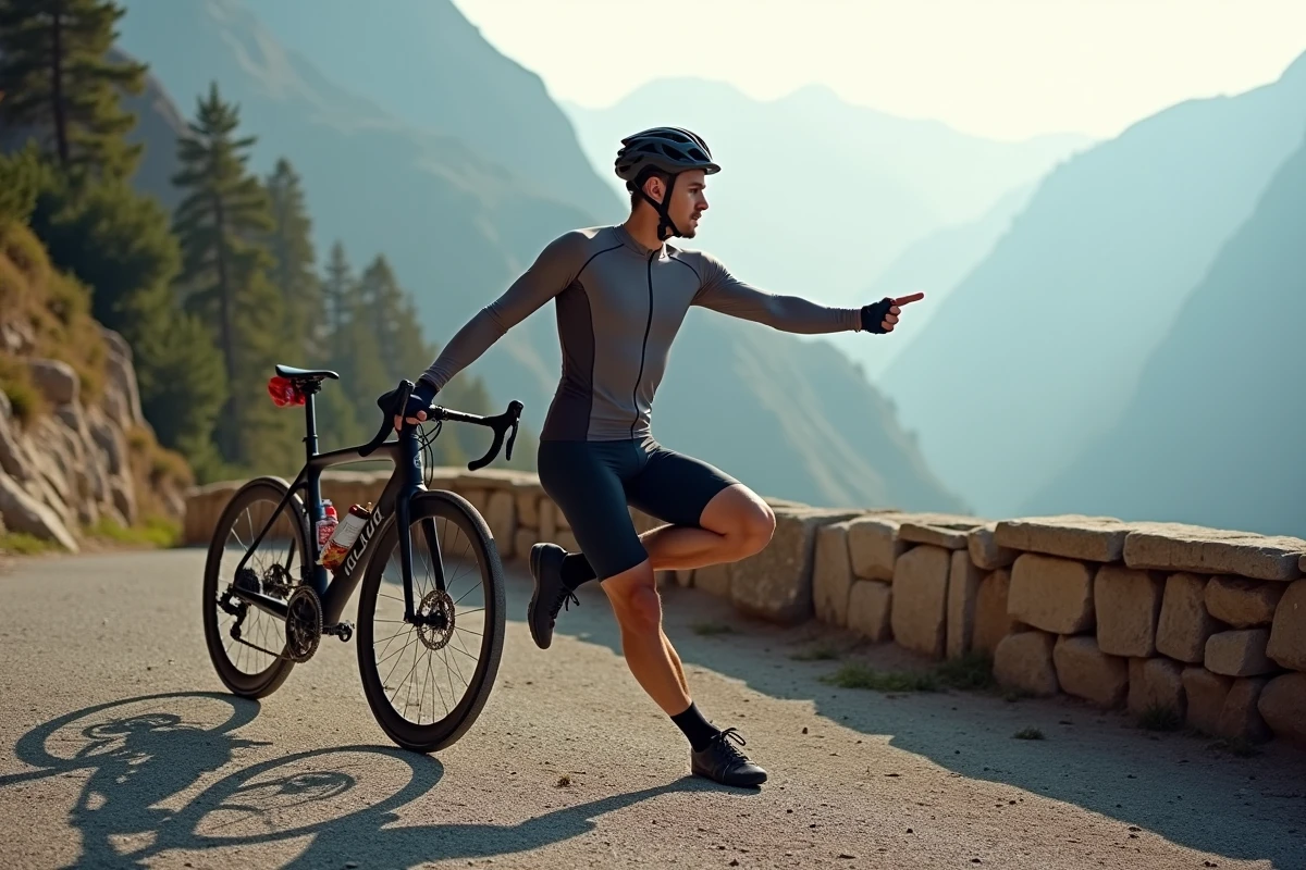 Coureur cycliste effectuant des étirements de récupération après un entraînement en haute montagne
