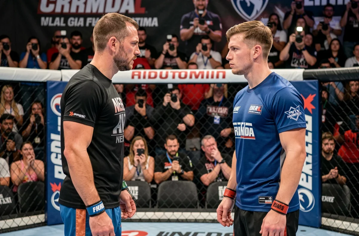 Deux combattants UFC face à face lors d'un face-à-face de conférence de presse, illustrant la rivalité entre challengers et prétendants au titre