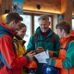 Famille avec enfants comparant les prix des forfaits de ski à Alpe d'Huez au guichet d'une station alpine