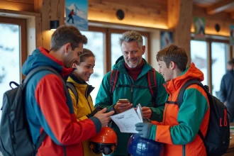 Famille avec enfants comparant les prix des forfaits de ski à Alpe d'Huez au guichet d'une station alpine
