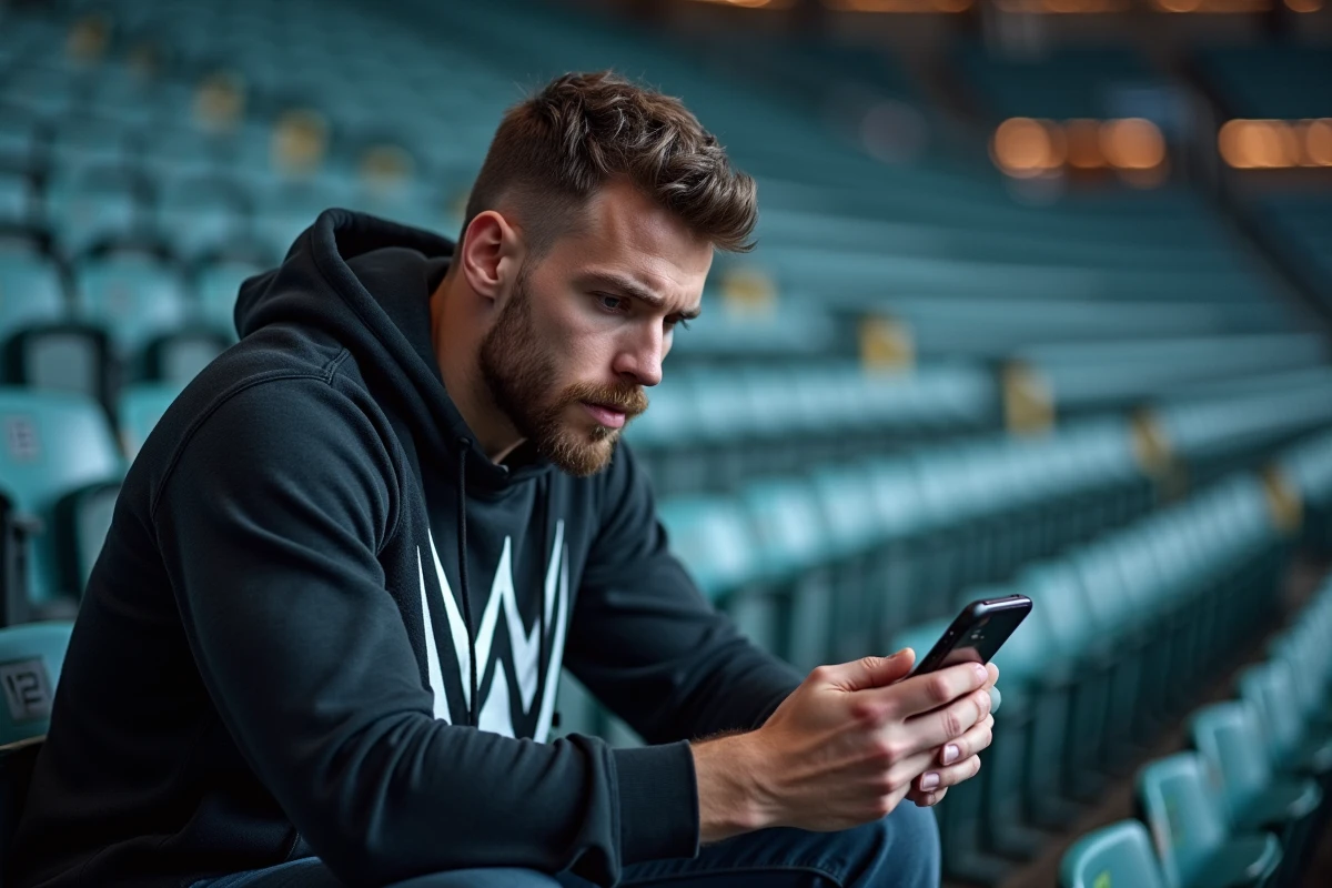 Fan de lutte seul dans un stade avec téléphone spoiler