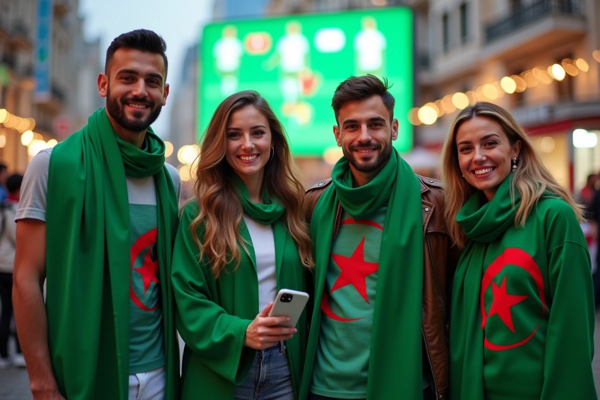 Groupe de supporters algériens célébrant en plein air