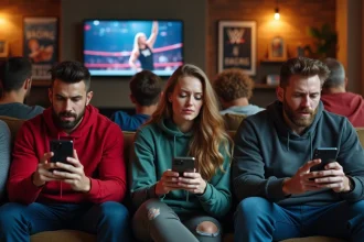 Fans de lutte dans un salon avec posters et memorabilia