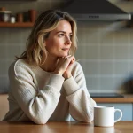 Femme assise à la cuisine avec tasse de café contemplative