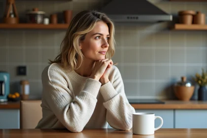 Femme assise à la cuisine avec tasse de café contemplative