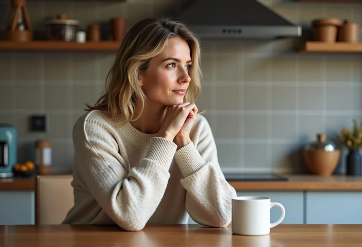 Femme assise à la cuisine avec tasse de café contemplative