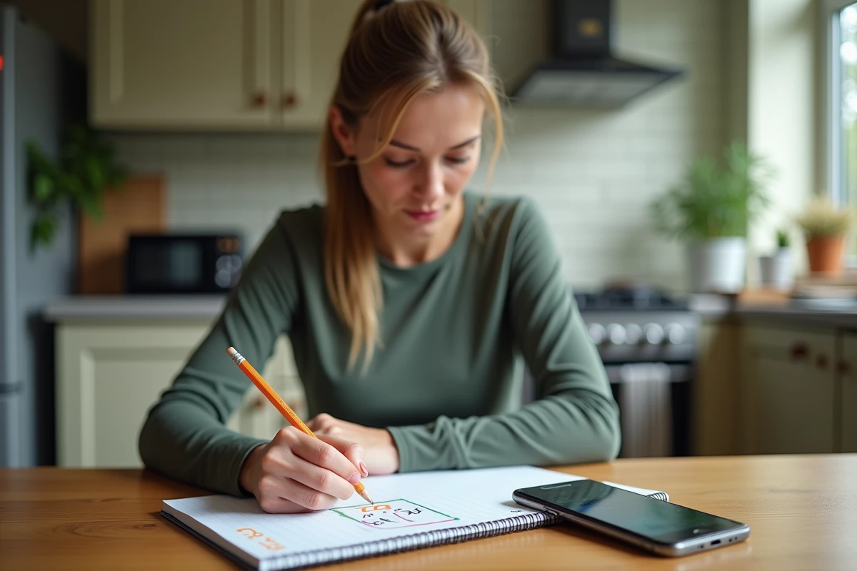 Femme calculant ses allures de course à pied dans un carnet avec une application mobile de running