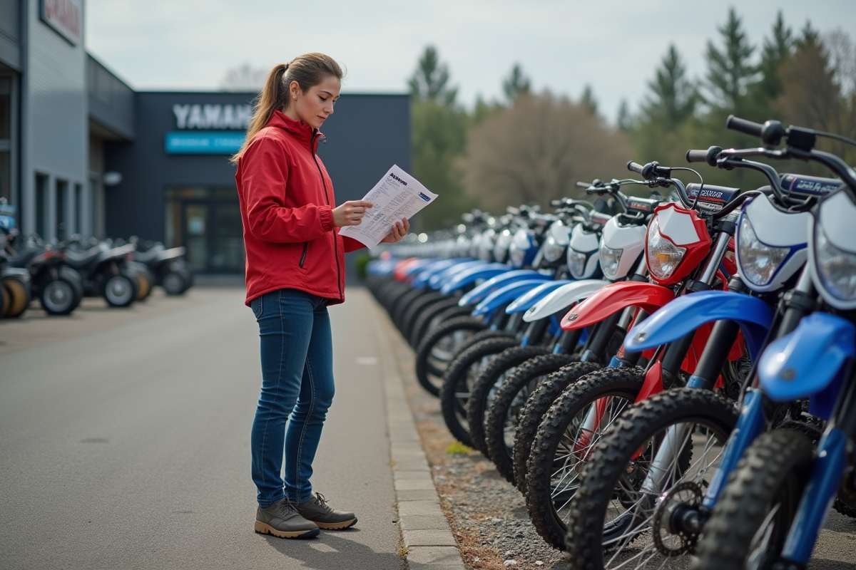 Femme examinant une fiche de prix près de motos Yamaha 125 en concession
