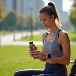 Femme sportive lisant une boisson après course dans un parc