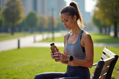 Femme sportive lisant une boisson après course dans un parc