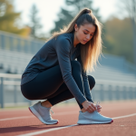 Jeune femme en tenue de sport prépare ses chaussures sur une piste