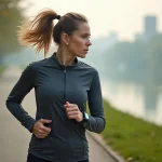 Femme courant avec montre connectée au matin en ville
