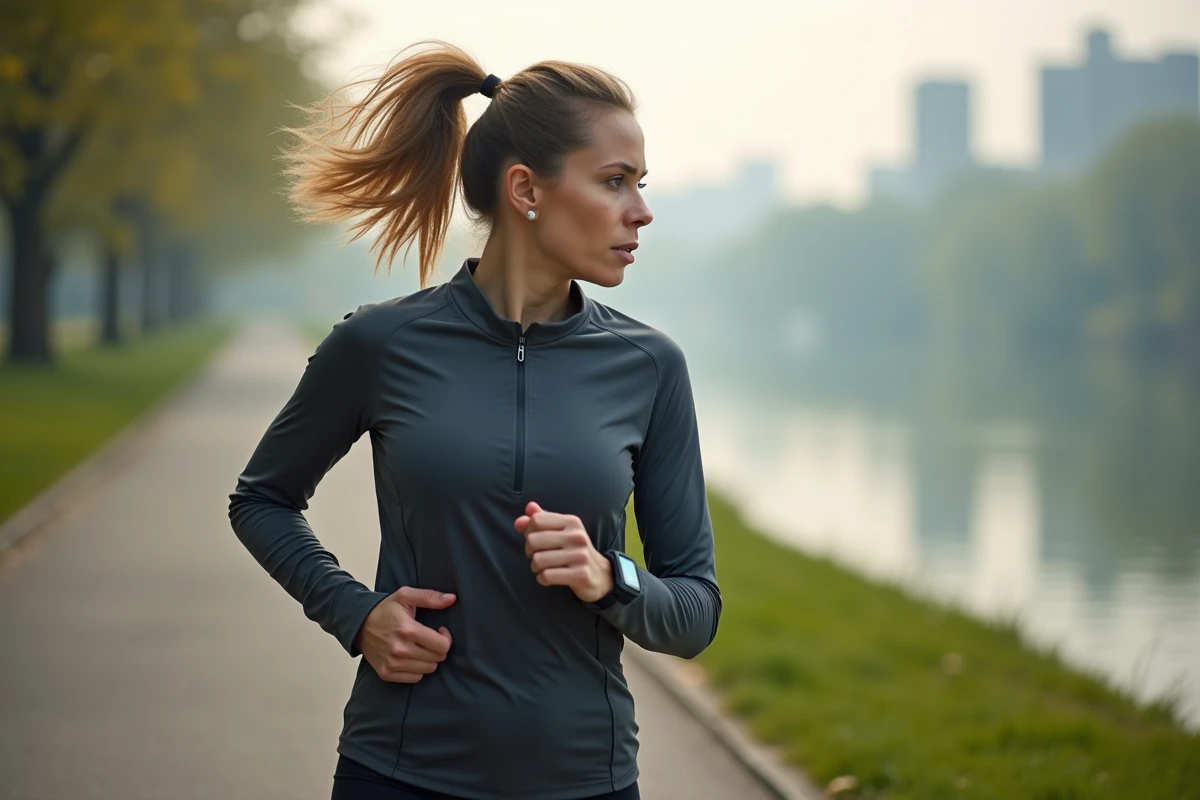 Femme courant avec montre connectée au matin en ville