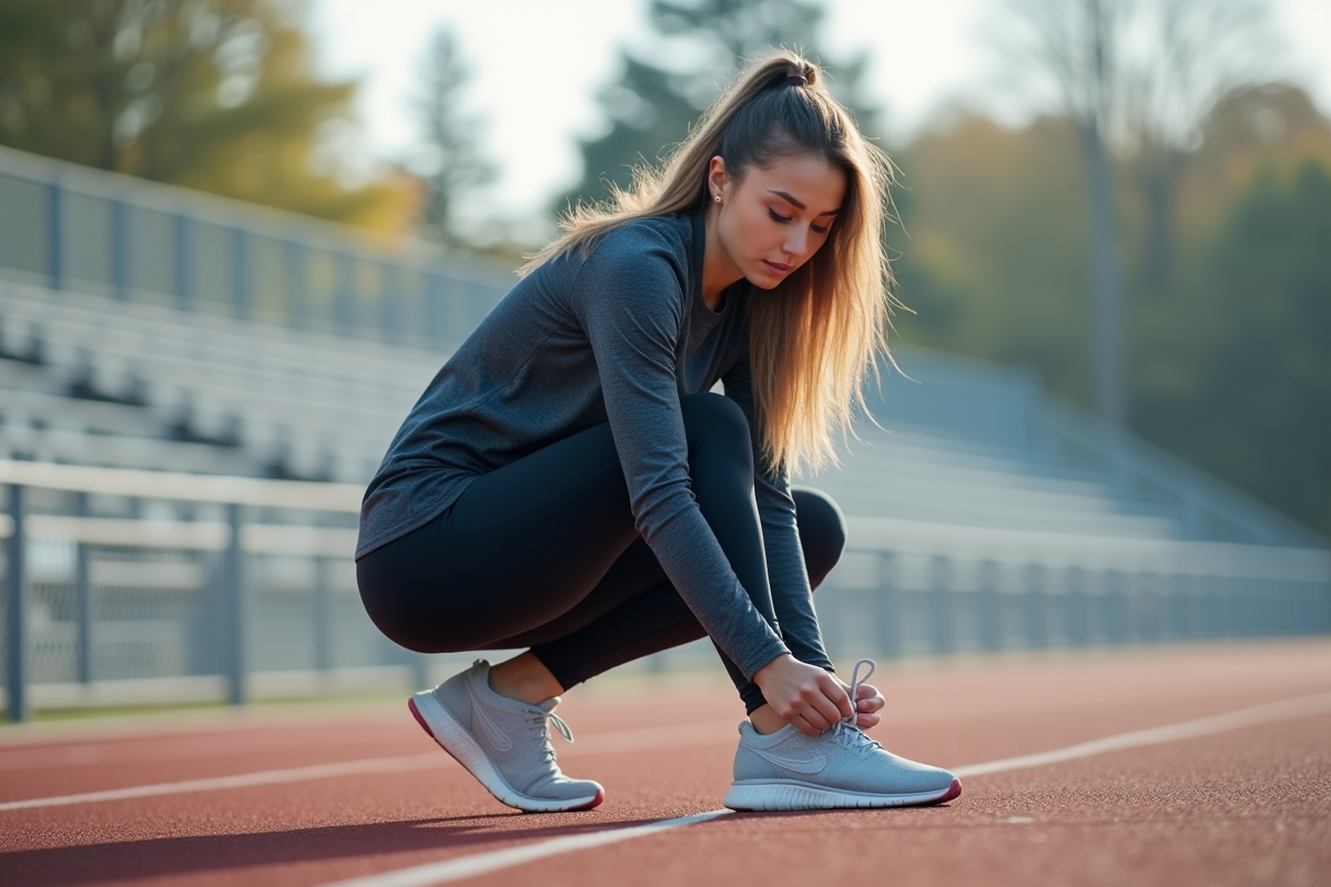 Jeune femme en tenue de sport prépare ses chaussures sur une piste