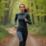 Femme courant en forêt avec tenue de sport respirante