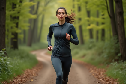 Femme courant en forêt avec tenue de sport respirante