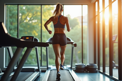 Jeune femme en tenue de sport courant sur tapis inclinable lumineux