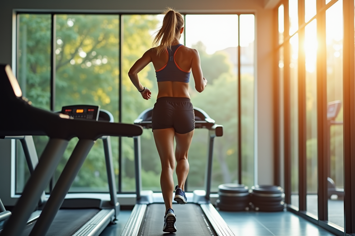 Jeune femme en tenue de sport courant sur tapis inclinable lumineux