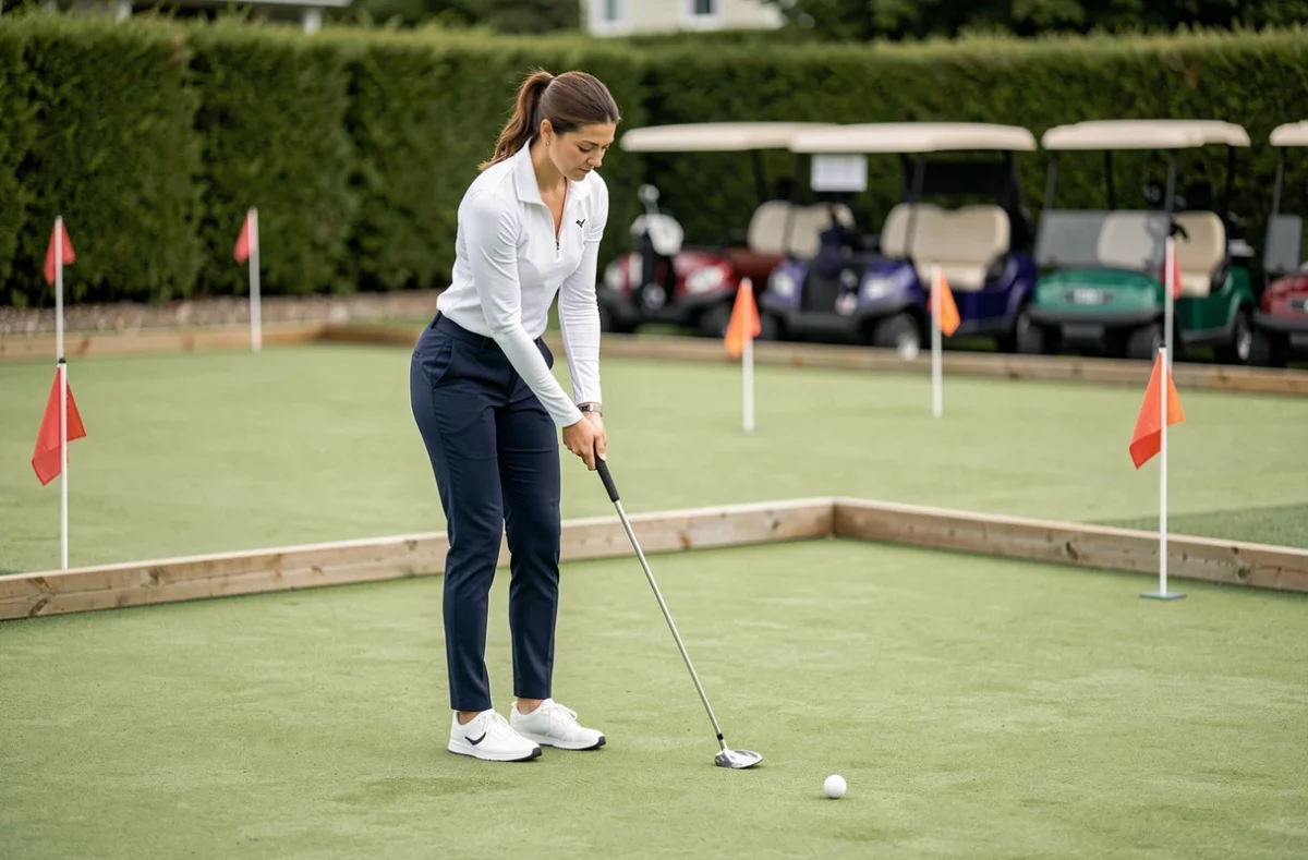 Femme pratiquant le putting sur un green d'entraînement de golf avant un parcours