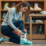 Femme essayant une chaussure de ski dans un magasin spécialisé, testant le flex de la coque avec les mains