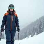 Femme grande taille en équipement de ski bien ajusté sur une piste alpine enneigée