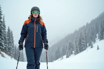 Femme grande taille en équipement de ski bien ajusté sur une piste alpine enneigée