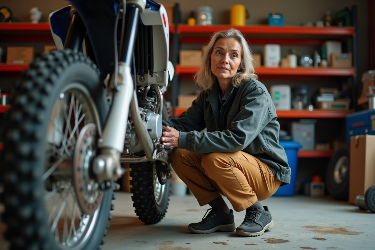 Femme inspectant le pneu de son dirt bike dans un garage organisé