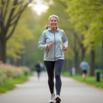 Femme d'âge moyen en tenue de sport courant dans un parc