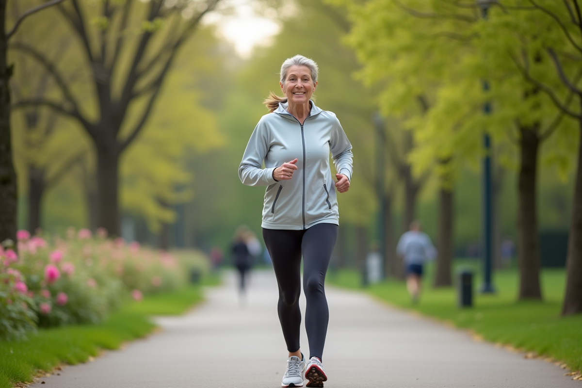 Femme d'âge moyen en tenue de sport courant dans un parc