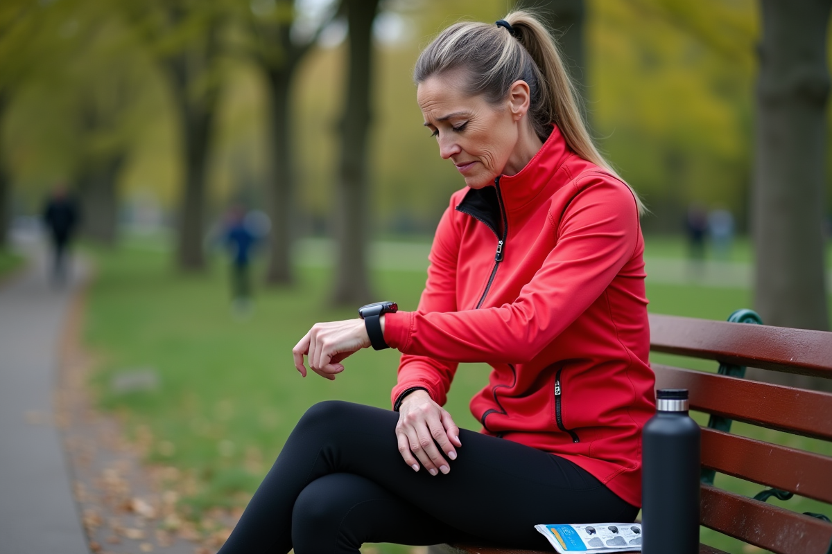 Femme courant dans le parc vérifiant sa montre connectée
