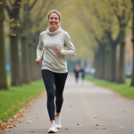 Femme en marche rapide dans un parc au printemps