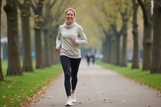Femme en marche rapide dans un parc au printemps