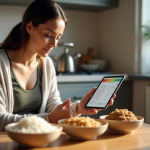 Femme assise à la cuisine compare des aliments sains