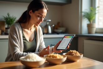 Femme assise à la cuisine compare des aliments sains