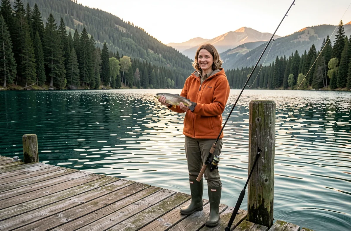 Femme pêcheuse souriante tenant un poisson sur un lac alpin, symbolisant le retour sur investissement d'un permis de pêche 2026