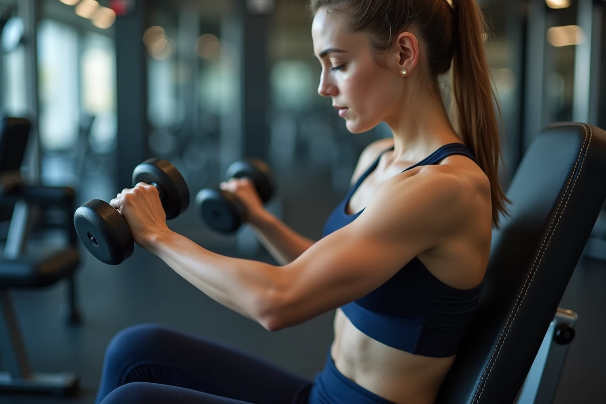 Femme réalisant un preacher curl unilatéral avec un haltère sur un banc incliné en salle de musculation