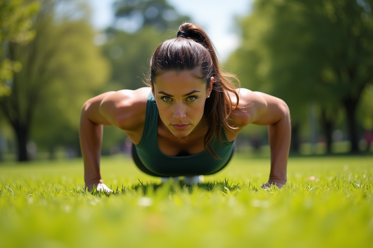 Femme en sport faisant des pompes dans un parc ensoleille
