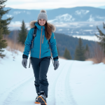 Jeune femme souriante en raquettes dans la neige