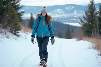 Jeune femme souriante en raquettes dans la neige