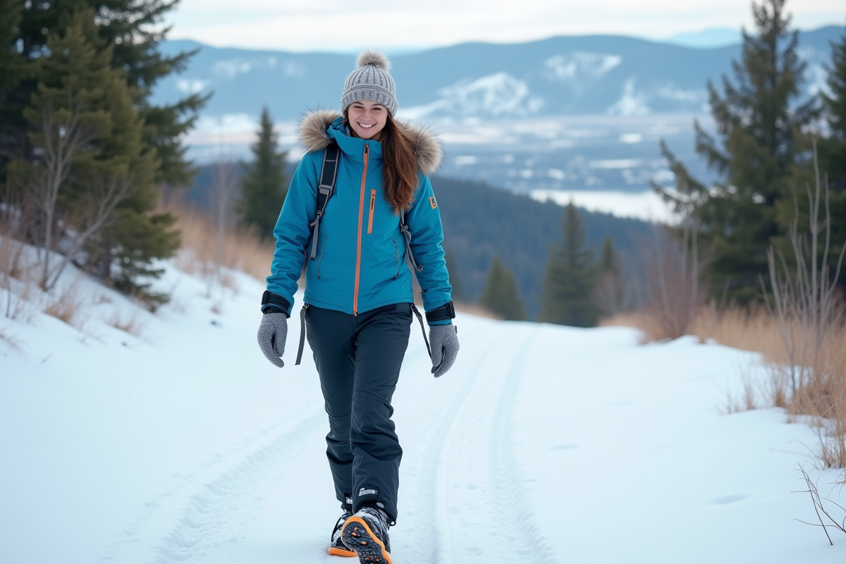 Jeune femme souriante en raquettes dans la neige