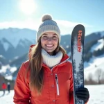 Jeune femme souriante en ski à Tignes avec vue sur pistes enneigées