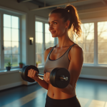 Femme sportive soulevant des haltères dans une salle de sport lumineuse