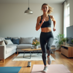 Femme en pleine course à l'intérieur d'un appartement moderne
