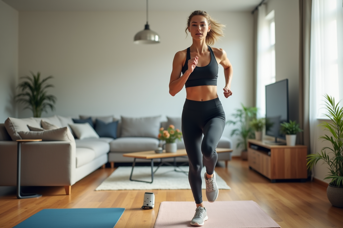 Femme en pleine course à l'intérieur d'un appartement moderne