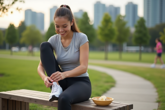 Jeune femme sportive souriante avec petit bol de flocons et banane