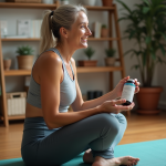 Femme sportive souriante tenant un complément dans un intérieur chaleureux