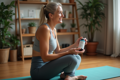 Femme sportive souriante tenant un complément dans un intérieur chaleureux