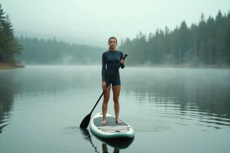 Femme debout sur un stand-up paddleboard large sur un lac calme entourée de pins, tenant une pagaie avec une posture détendue et équilibrée